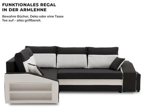 Grande sarokkanapé polcokkal és puffokkal , polc a bal karfaban puffok a jobb karfaban, baloldali, szövet anyag, hab töltet, fekete - fehér