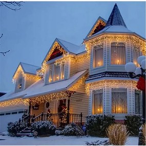 12 m-es 360 LED-es hálózati adapteres jégcsap fényfüzér, áttetsző kábeles, meleg fehér, 8 világítási móddal, IP44