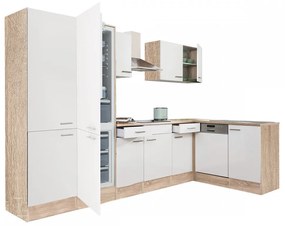 Yorki 340 sarok konyhabútor sonoma tölgy korpusz,selyemfényű fehér fronttal polcos szekrénnyel és alulfagyasztós hűtős szekrénnyel