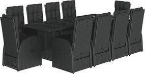 vidaXL 11 részes fekete polyrattan kerti étkezőgarnitúra párnákkal