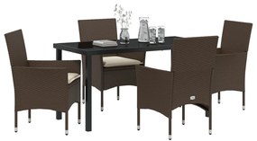 5 Részes Kerti Étkezőasztal Párnákkal Barna Poli Rattan, Kerti Asztal Fekete 140x80x73 cm Edzett Üveg
