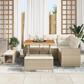 8 Darabos Kerti Kanapé Szett Párnákkal Bézs Poly Rattan Akác
