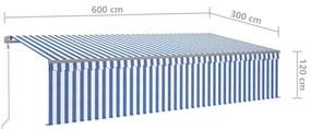 kék és fehér redőnyös, szélérzékelős, LED-es napellenző 6x3 m