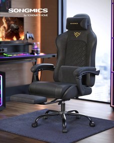 Ergonomikus játékos szék lábtartóval, karfákkal, tintafekete