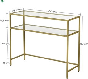 Konzolasztal egy alsó polccal edzett üveglappal, arany 100x35x80cm