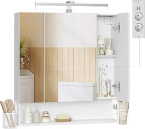 Fürdőszobaszekrény led világítással, konnektorokkal, 16,5 × 70 × 75 cm, felhőfehér színben