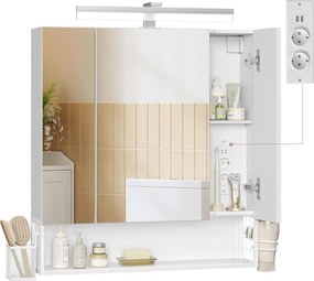 Fürdőszobaszekrény led világítással, konnektorokkal, 16,5 × 70 × 75 cm, felhőfehér színben