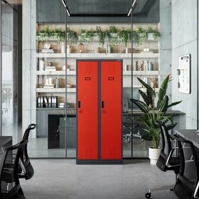 Pléh öltözőszekrény talpazaton, kétmodulos, polccal és köztes fallal KACPER, 800 x 1800 x 500 mm, antracit-piros