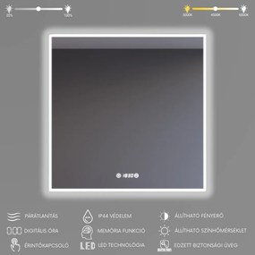 Álló fürdőszobai LED tükör 80x80cm | Páramentesítő funkció - Óra - Fényerő és színhőmérséklet szabályozás | Welland Luxury-Line G1091
