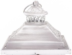 Sötétbarna 4szögletű fa lantern lámpás szürke áttört fém tetővel üvegezve 38,5x19x15cm