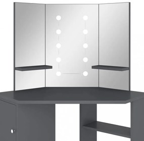 szürke sarok fésülködőasztal LED világítással 111x54x141,5 cm