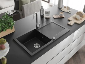 Mexen Leo gránit mosogató 1 tálcás csepegtetővel 900 x 500 mm, fekete, krómozott szifon - 6501901010-77