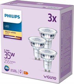 3 db-os halogén Led izzó szett GU10 PAR16 3.5W 35W 255lm 2700K 36° Philips