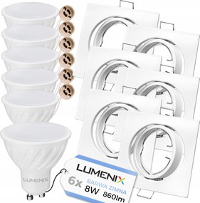 6 db-os halogén lámpatest szett Fehér Négyzet Alakú GU10 Led izzó 8W Hideg