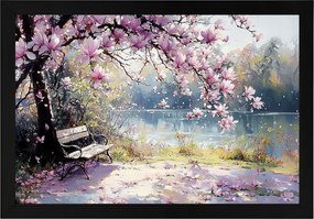 Poszter Keret Fa Tájkép Park Folyó Fa Virágok Magnólia 60x40