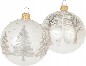 2 darabos szett Üveg karácsonyi gömb fákkal, fehér/gyöngy (8 cm)
