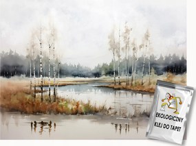 Fotótapéta Flizelina Tájkép Akvarell Folyó Part Nyírfa 250x175 ragasztó