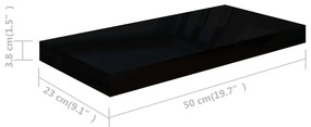 2 db magasfényű fekete MDF lebegő fali polc 50 x 23 x 3,8 cm
