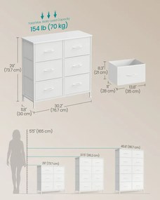 BELLAH kollekció - Modern komód, fiókos szekrény 6 fiókkal, felhőfehér színben