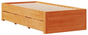 viaszbarna tömör fenyőfa fiókos ágykeret matrac nélkül 75x190cm