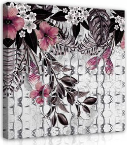 Vászonkép 80x80 Trópusok virágok levelek minta rózsaszín bordó természet művészet