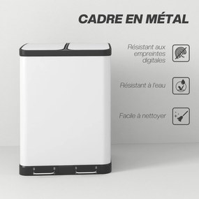 HOMCOM Konyhai Szemetes 2 x 30L Rozsdamentes Acél Pedálos Szemetes Kétrekeszes, Lassan Csukódó Fedéllel, Kivehető Belső Vödrökkel, Hulladék és Újrahas