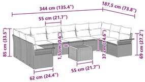 11 Darabos Kertibútor Szett Párnákkal Bézs Poly Rattan Akácia