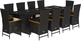 vidaXL 11 részes fekete polyrattan kerti étkezőgarnitúra párnákkal