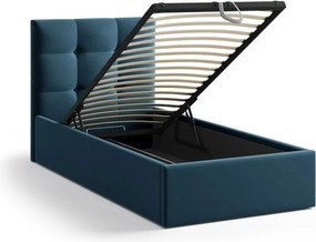 Kék kárpitozott ágyneműtartós egyszemélyes ágy ágyráccsal 90x200 cm Phaedra – Micadoni