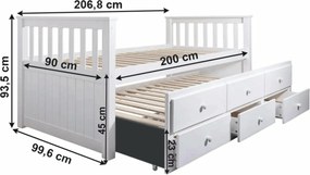 Ágy, pótággyal és ágyneműtartóval, kaucsukfa/fehér, AUSTIN NEW