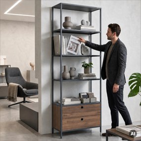 Polc fiókokkal irodába, iratrendezőkhöz és dokumentumokhoz, nyitott polcok, fém, antracit/dió, 800x2200x400 mm: ARIEL Eco Design