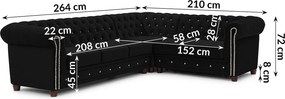 Fekete bársony kinyitható sarokkanapé (jobb oldali-L alakú) York Blik – Ropez