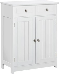 Kleankin Fürdőszoba Tároló Szekrény 2 Fiókkal és 2 Ajtóval, Állítható Polccal, Modern Stílusú, 60x30x75 cm, Fehér | Aosom