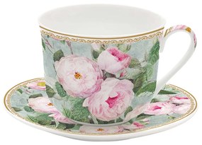 Rózsás porcelán reggeliző csésze aljjal díszdobozban