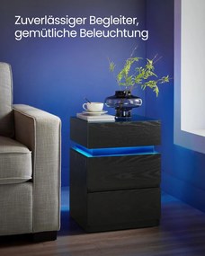 Éjjeliszekrény led világítással, állítható színű fény, 3 fiókos oldalasztal, 35 × 40 × 55 cm, fekete