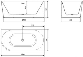 Mexen Mia, szabadon álló sarokkád, jobb, 150 x 75 cm, fehér, réz túlfolyó, 52691507500P-65