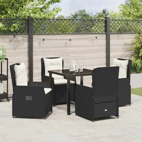 5 darabos kert étkező szett fekete polirattan, asztal fekete 80x80x73 cm edzett üvegből