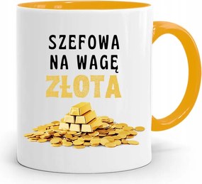 Sárga Bögre Ajándék Főnöknek Arany Mérleggel, fényképes nyomtatással