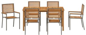 7 részes kerti étkezőszett Szürke Poli Rattan Akác, Egymásra rakható kerti székek párnákkal 2 db Szürke Poli Rattan