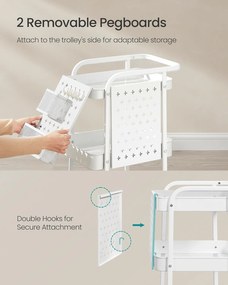 Tárolókocsi 3 fémhálós polccal fehér színben