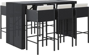 vidaXL 7 részes fekete polyrattan kerti bárszett párnákkal