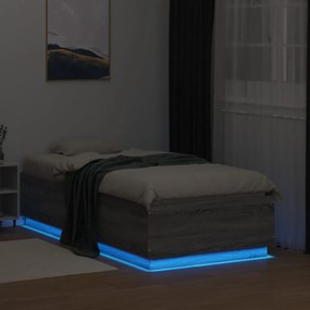 szürke sonoma színű szerelt fa ágykeret LED-del 75x190 cm