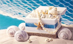 Fotótapéta A tenger kincsei Gyöngyök Kagylók Láda Tengerpart Nyár 200x140 +ragasztó