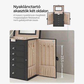 Zárható ékszerdoboz 6 szinttel, 5 fiókkal és tükörrel, fekete