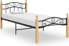 vidaXL fekete fém és tömör tölgyfa ágykeret 100 x 200 cm