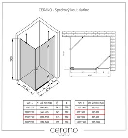 Cerano Marino, zuhanykabin 110 (ajtó) x 80 (fal) x 190 cm, 6mm átlátszó üveg, fekete profil, CER-CER-422886