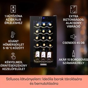Klarstein Shiraz 15 Slim Uno, borhűtő, 44 liter, 135 W, 5 – 18 °C, érintőképernyős, fekete
