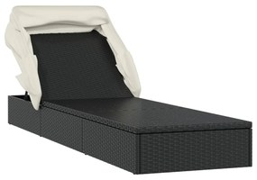 fekete polyrattan napozóágy összecsukható tetővel 213x63x97 cm