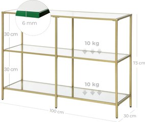 Edzett üveg konzolasztal 100 x 30 x 73 cm, lerakóasztal 3 polccal, arany