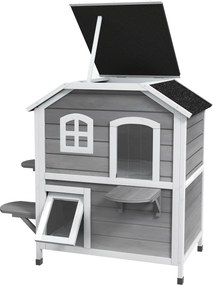 PawHut Fa Macska Ház 2 Szintes Télálló Vízálló Macska Menedék Aszfaltozott Tetővel Összecsukható Tető Lépcső Cica Barlang Szabadtéri Menedék Kerti Erk